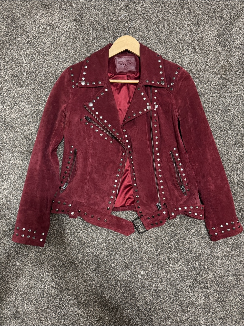 Blank NYC Burgundy Genuine Suede Studded Moto Jacket